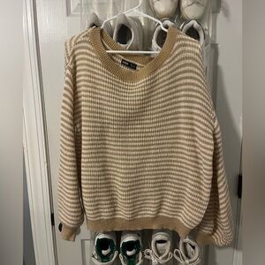 Tan & White Striped Scoop Neck Sweater